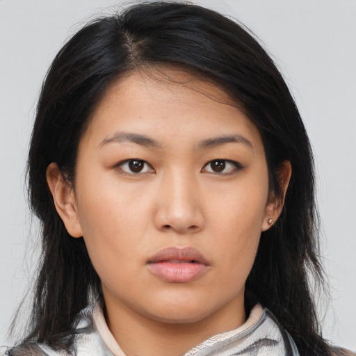Neutral asian young-adult female with medium  black hair and brown eyes