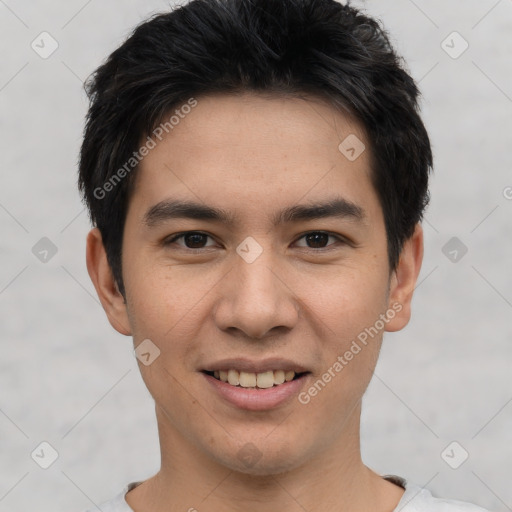 Joyful white young-adult male with short  black hair and brown eyes