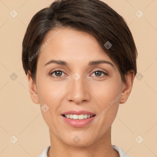 Joyful white young-adult female with short  brown hair and brown eyes