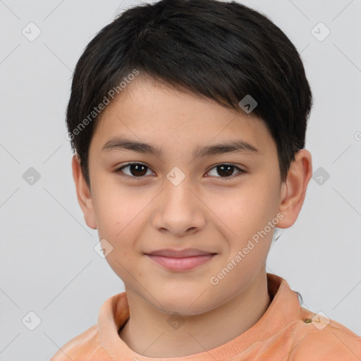 Joyful asian child female with short  brown hair and brown eyes