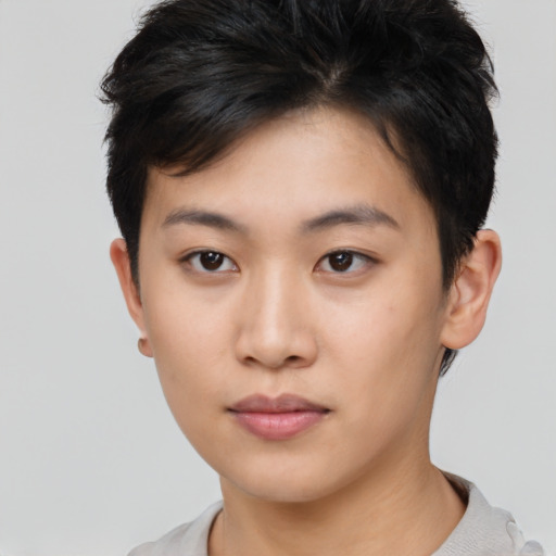 Neutral asian young-adult female with short  brown hair and brown eyes