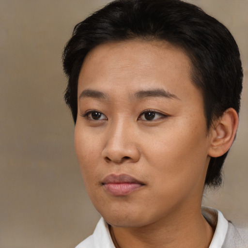 Joyful asian young-adult female with short  brown hair and brown eyes