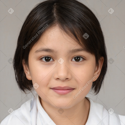 Joyful white child female with medium  brown hair and brown eyes