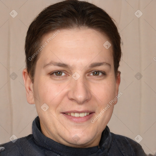 Joyful white adult female with short  brown hair and brown eyes