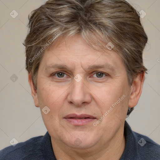 Joyful white adult female with short  brown hair and brown eyes