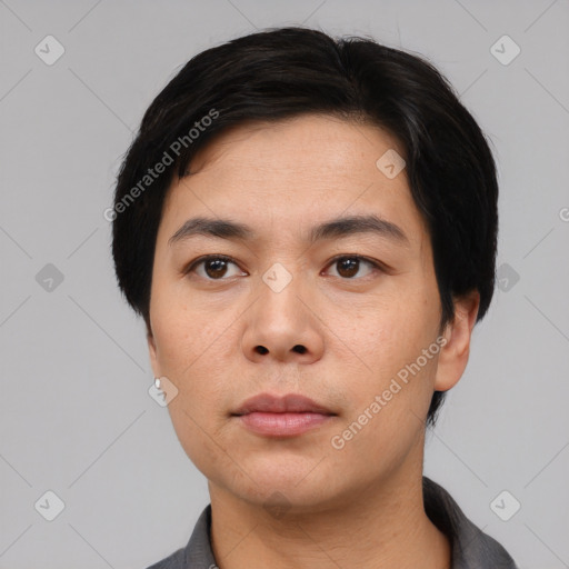 Neutral asian young-adult male with short  black hair and brown eyes