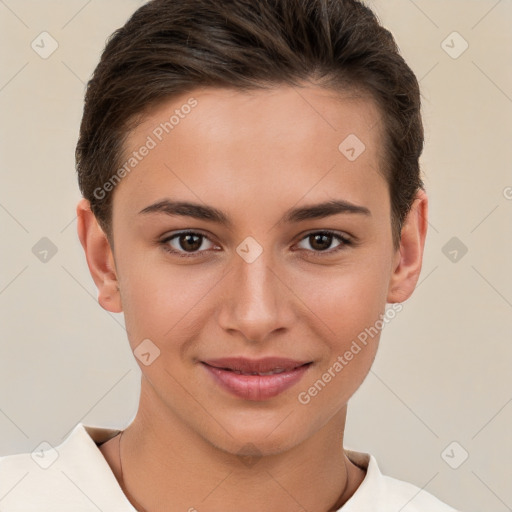 Joyful white young-adult female with short  brown hair and brown eyes