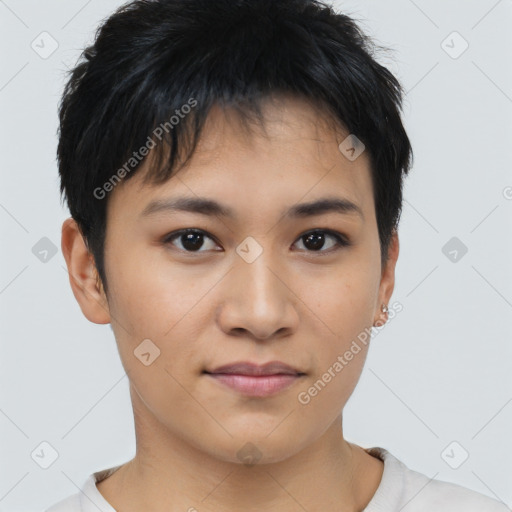 Joyful asian young-adult female with short  brown hair and brown eyes