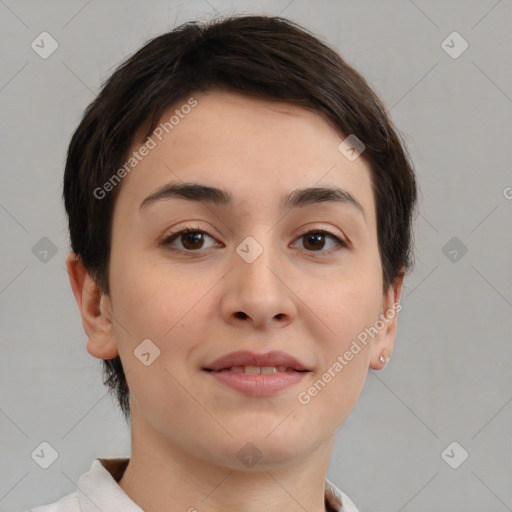 Joyful white young-adult female with short  brown hair and brown eyes