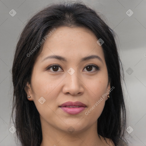 Joyful asian young-adult female with medium  brown hair and brown eyes