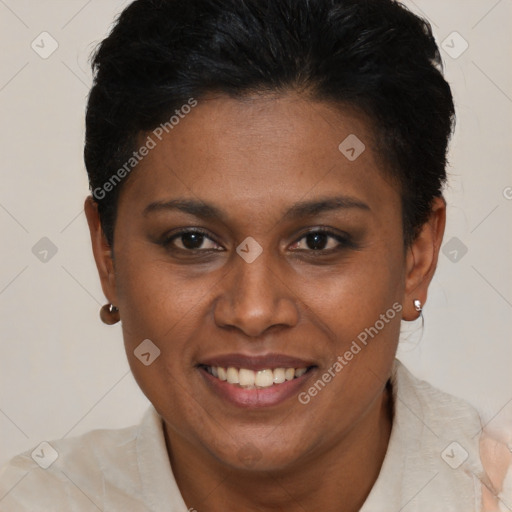 Joyful black young-adult female with short  brown hair and brown eyes