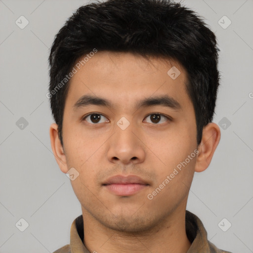 Neutral asian young-adult male with short  black hair and brown eyes