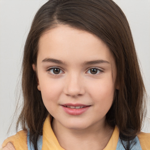 Joyful white child female with medium  brown hair and brown eyes