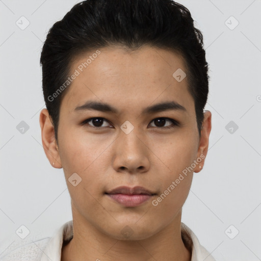 Neutral asian young-adult male with short  brown hair and brown eyes