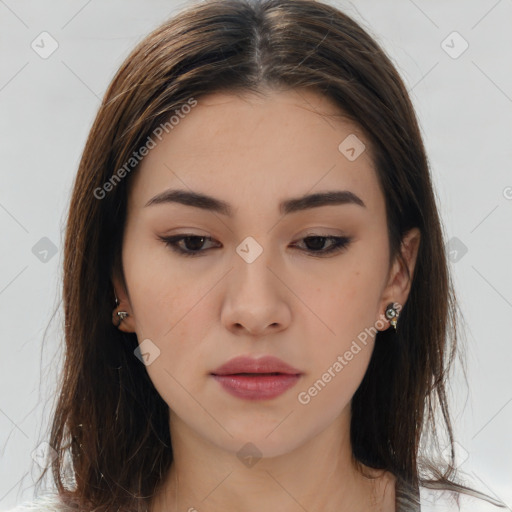 Neutral white young-adult female with medium  brown hair and brown eyes