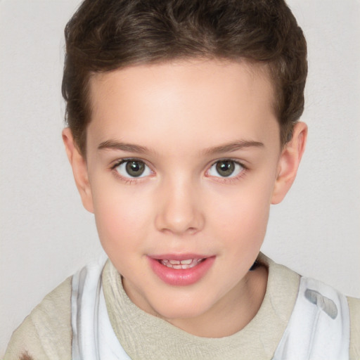 Joyful white child female with short  brown hair and brown eyes