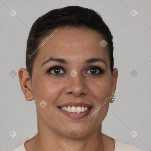 Joyful black young-adult female with short  brown hair and brown eyes