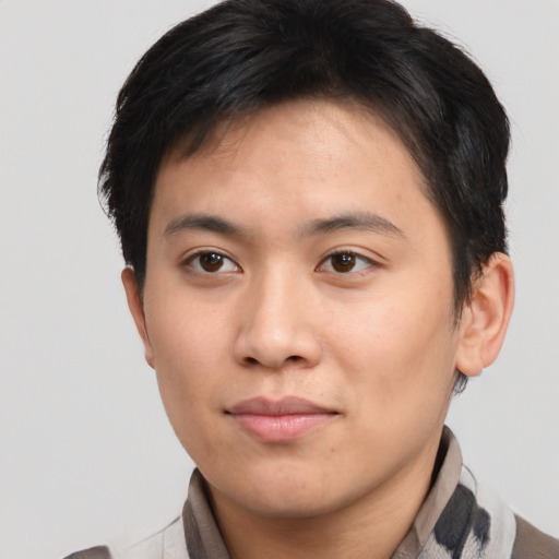 Neutral asian young-adult male with short  brown hair and brown eyes