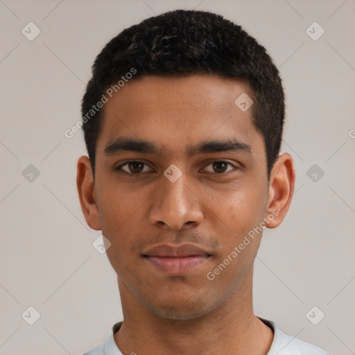 Neutral latino young-adult male with short  black hair and brown eyes