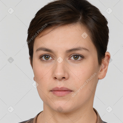 Neutral white young-adult female with short  brown hair and brown eyes