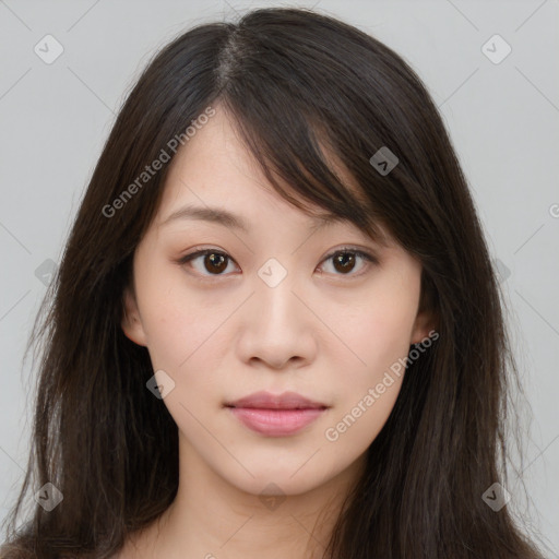 Neutral asian young-adult female with long  brown hair and brown eyes