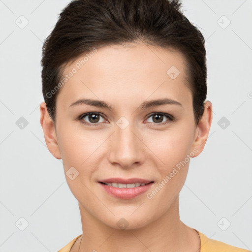 Joyful white young-adult female with short  brown hair and brown eyes