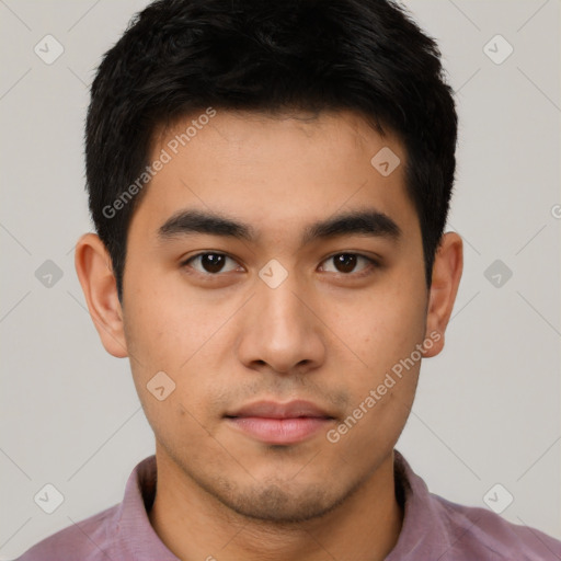 Neutral asian young-adult male with short  brown hair and brown eyes