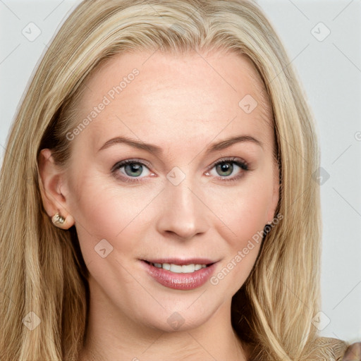 Joyful white young-adult female with long  brown hair and blue eyes