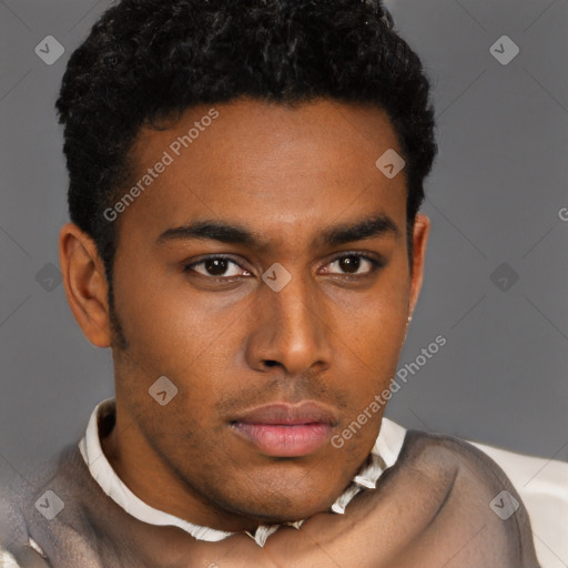 Neutral latino young-adult male with short  brown hair and brown eyes