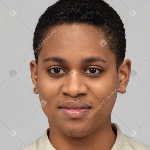 Joyful latino young-adult female with short  black hair and brown eyes