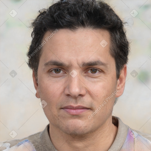 Neutral white adult male with short  black hair and brown eyes