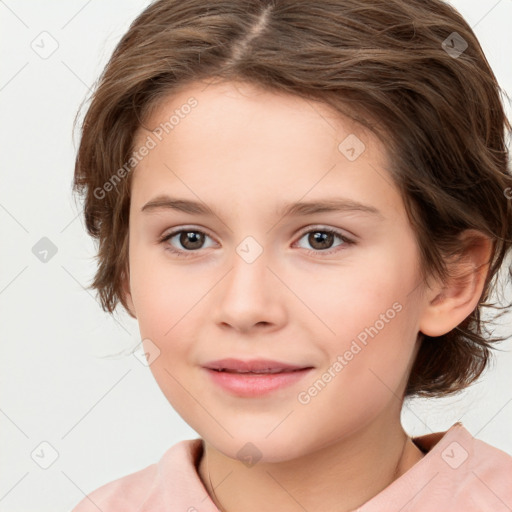 Joyful white child female with medium  brown hair and brown eyes