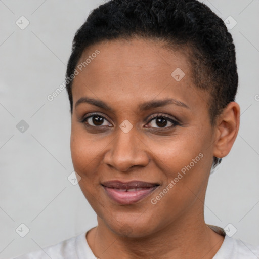 Joyful latino young-adult female with short  brown hair and brown eyes