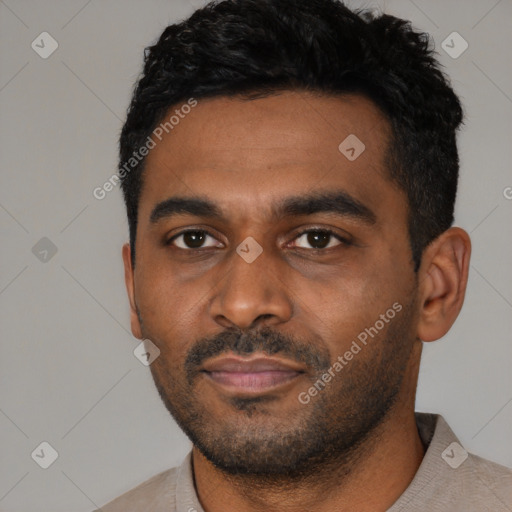 Neutral latino young-adult male with short  black hair and brown eyes