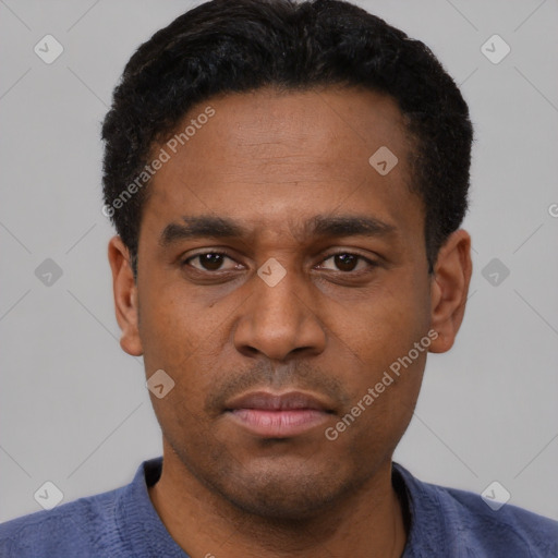 Neutral latino young-adult male with short  black hair and brown eyes