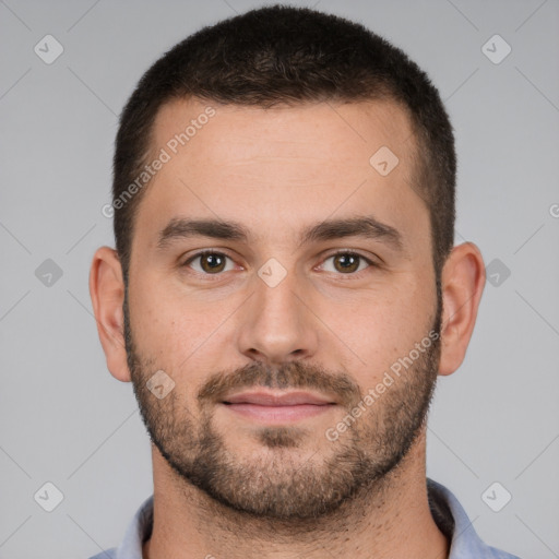 Neutral white young-adult male with short  brown hair and brown eyes