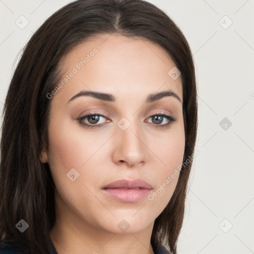 Neutral white young-adult female with long  brown hair and brown eyes