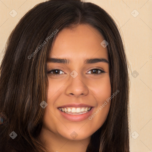 Joyful white young-adult female with long  brown hair and brown eyes