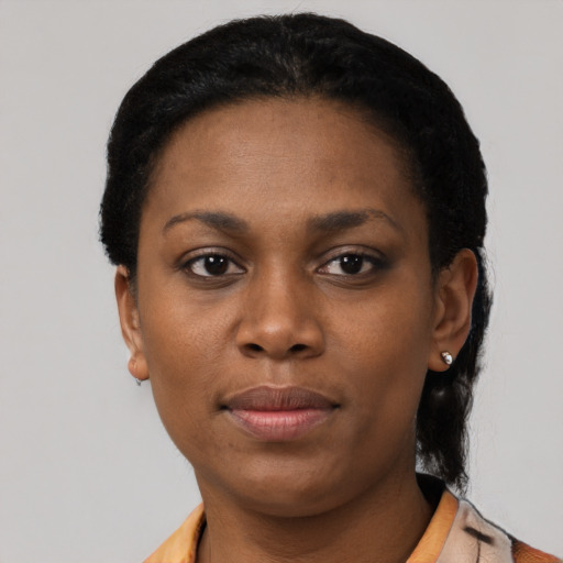 Neutral black young-adult female with short  black hair and brown eyes