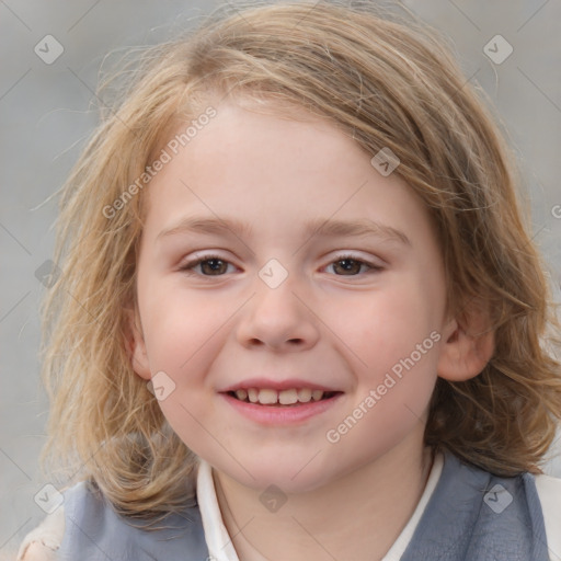 Joyful white child female with medium  brown hair and grey eyes