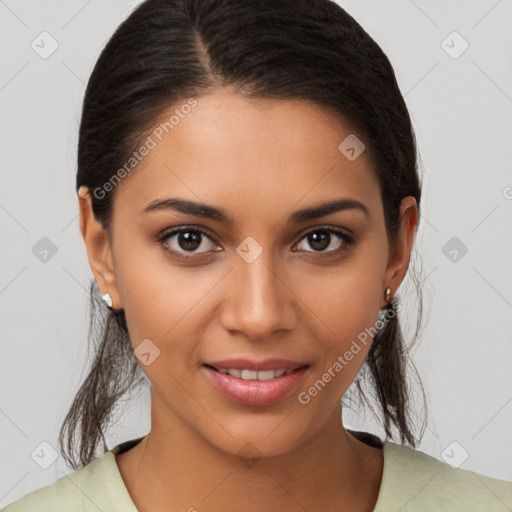 Joyful latino young-adult female with medium  brown hair and brown eyes