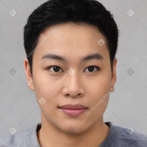 Neutral asian young-adult male with short  black hair and brown eyes