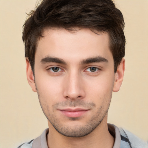 Neutral white young-adult male with short  brown hair and brown eyes