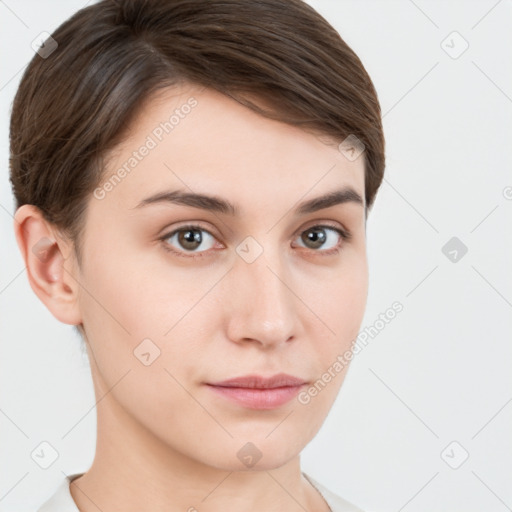 Neutral white young-adult female with short  brown hair and brown eyes