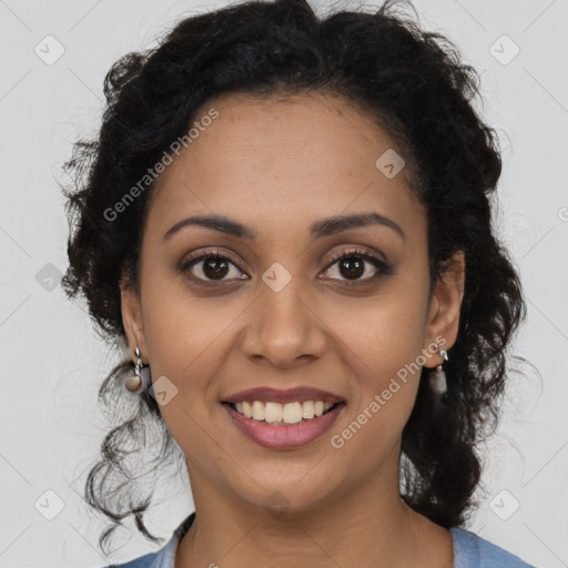 Joyful latino young-adult female with long  brown hair and brown eyes