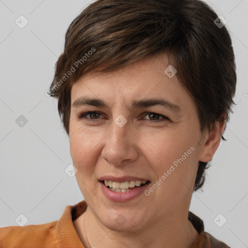 Joyful white young-adult female with short  brown hair and brown eyes