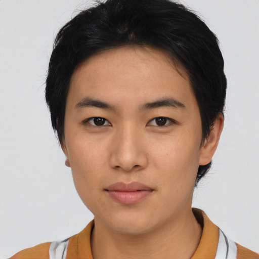 Neutral asian young-adult female with short  black hair and brown eyes