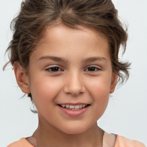 Joyful white child female with medium  brown hair and brown eyes