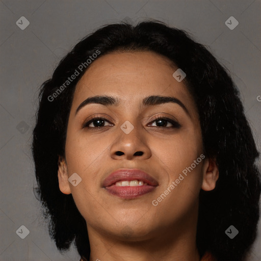 Joyful latino young-adult female with long  black hair and brown eyes