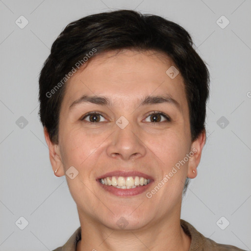 Joyful white young-adult female with short  brown hair and brown eyes